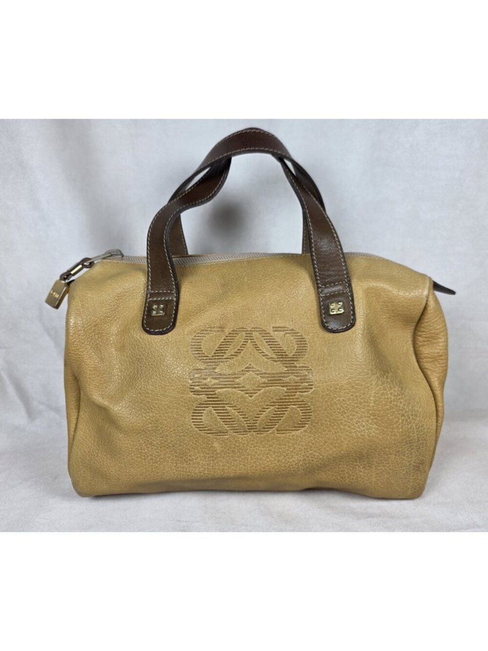 Vintage Loewe Anagram Boston Bag Camel Brown Leather  Luxury Top Handle Handbag